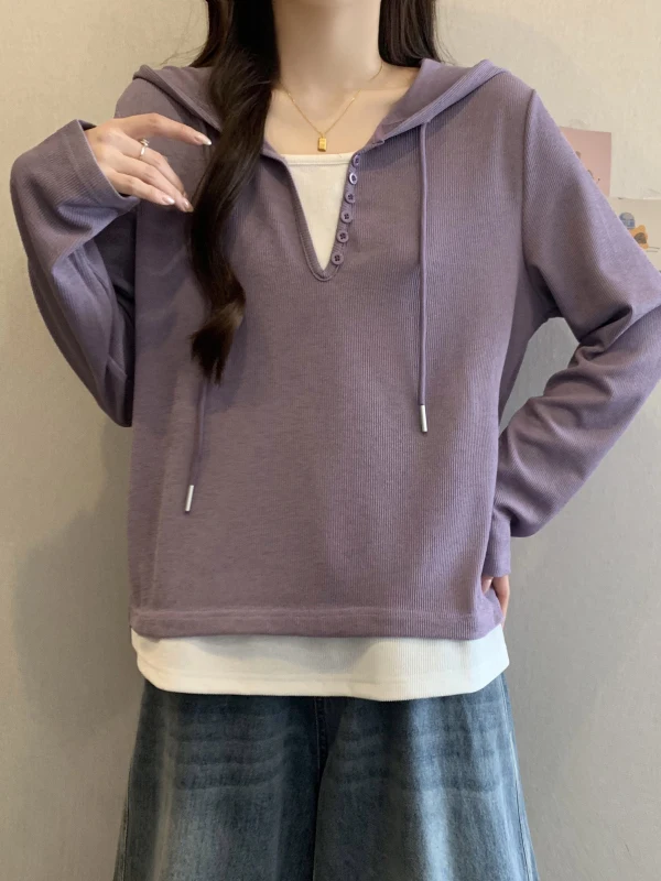 

Женская фиолетовая толстовка с капюшоном и длинным рукавом, весна 2026, большие размеры, имитация двухслойности, повседневная одежда для ежедневной носки