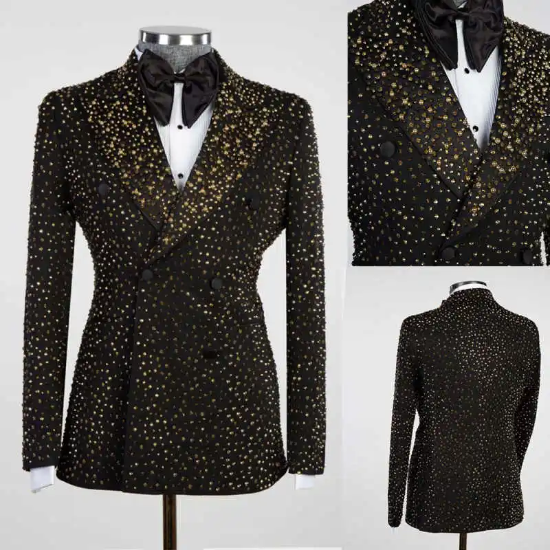 

Sparkly Men's Suits 2-Piece Beads Blazer Peaked Lapel Double Breasted Wedding Slim Fit Diamonds Custom Made Plus Size