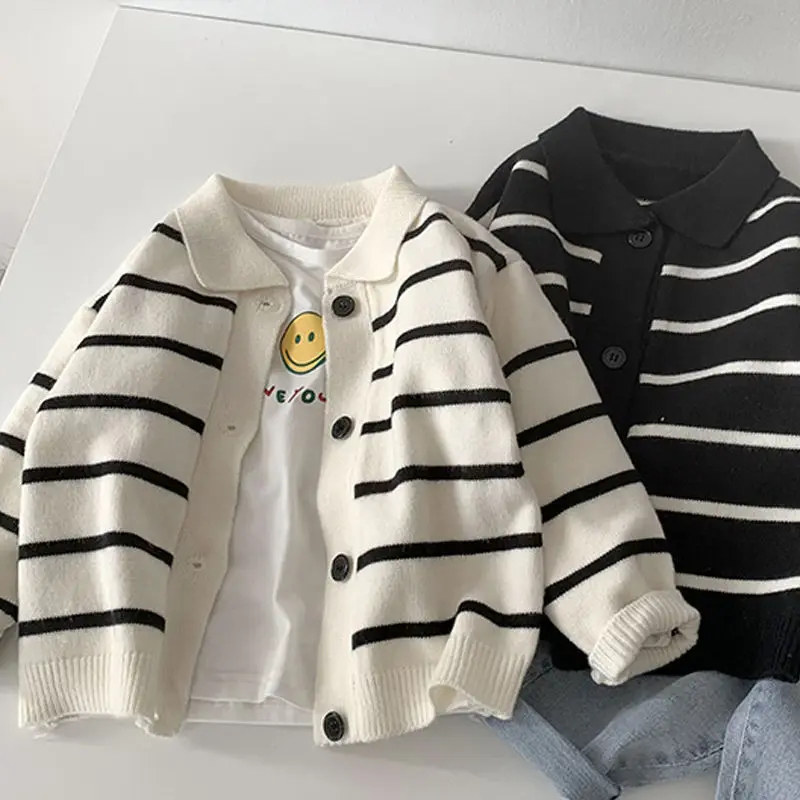 

Boys' Knitting Cardigan Sweater Western Style 2022 Spring and Autumn New Handsome Children's Thin Casual Striped Coat