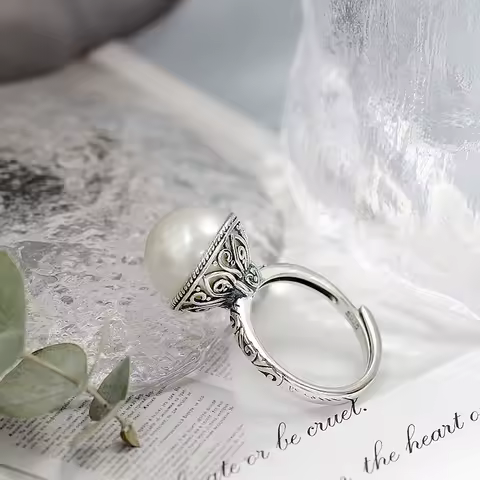Authentic 925 Sterling Silver Open Ring Inlaid Trendy Imitation Pearl Exquisite Patterns Vintage Style Ring Exquisitely Gift