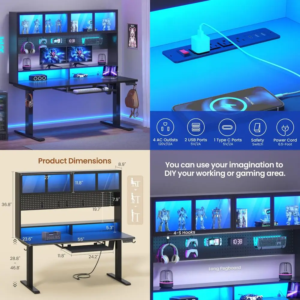 Gaming Electric Standing Desk with Storage, Hutch, Pegboard, LED Lights, Power Outlet, Ergonomic Sit-Stand Desk for Home Office