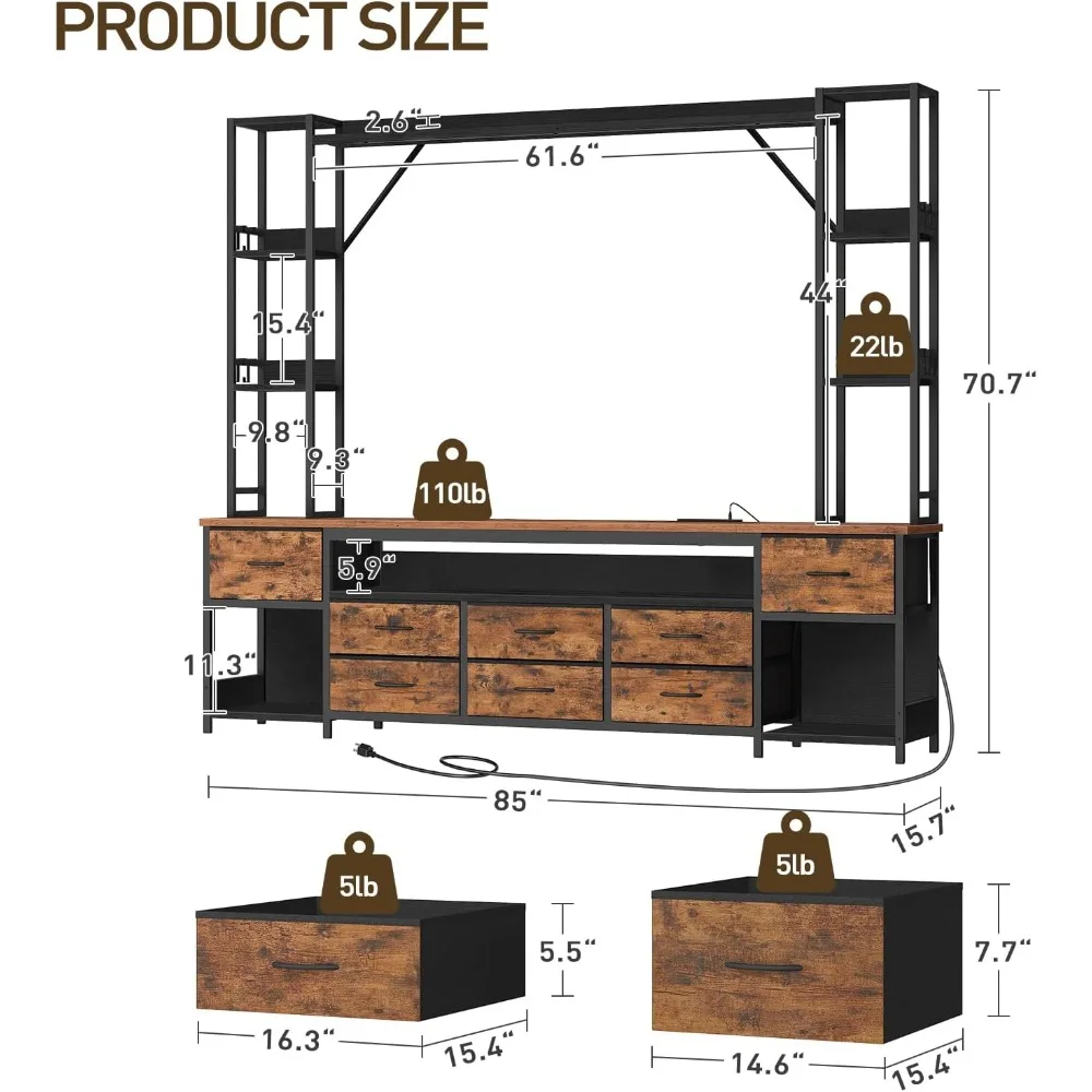 حامل تلفزيون مع منافذ طاقة حتى 65 بوصة، مركز ترفيه وحدة حائط كبيرة LED مع رف كتب، حامل تلفزيون خزانة مع 8 PU Dr