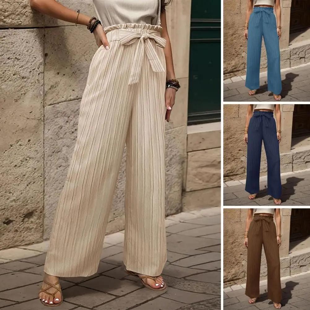 

Women Pants Elastic High Waist Lace-up Long Trousers Solid Color Straight Wide Leg Loose Fit Casual Pants Streetwear