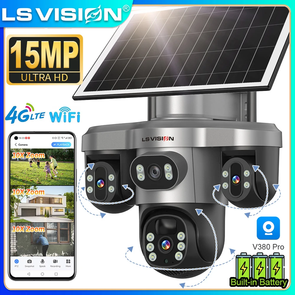 

LS VISION 15MP 4G/WiFi Solar Camera 3 Screens 10X Digital Zoom Outdoor IP Security Camera Electric 3-PTZ Auto Tracking V380 Pro