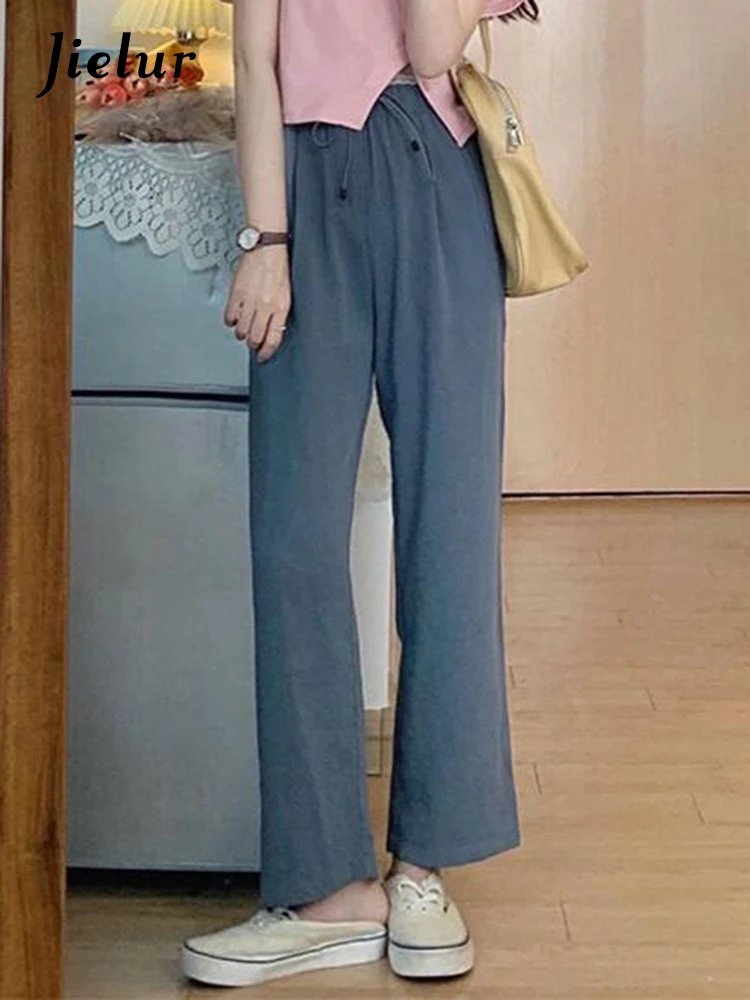 

Jielur Solid Color Drawstring Basic Women's Pants Fashion Basic Streetwear Office Ladies Simple Lace-up Female Wide Leg Pants