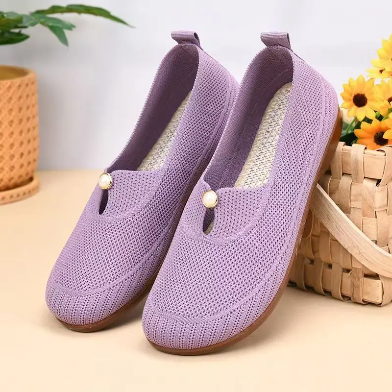 

Women's Flat Sole Mesh Casual Shoe Spring Autumn New Soft Sole Non Slip Shallow Slip On Round Toe Middle-Aged And Elderly Shoes