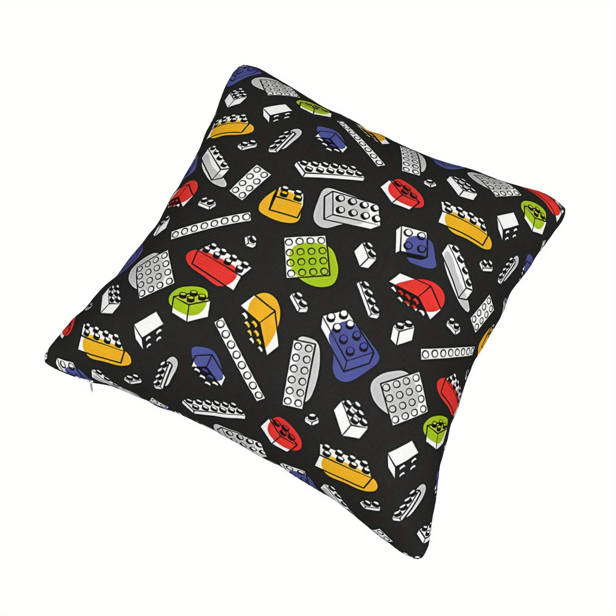 1 piece 2D Flat Pillow Building Blocks Colorful Pattern Cushion Cover Short Plush Children's Toy Theme Decoration Gift Box