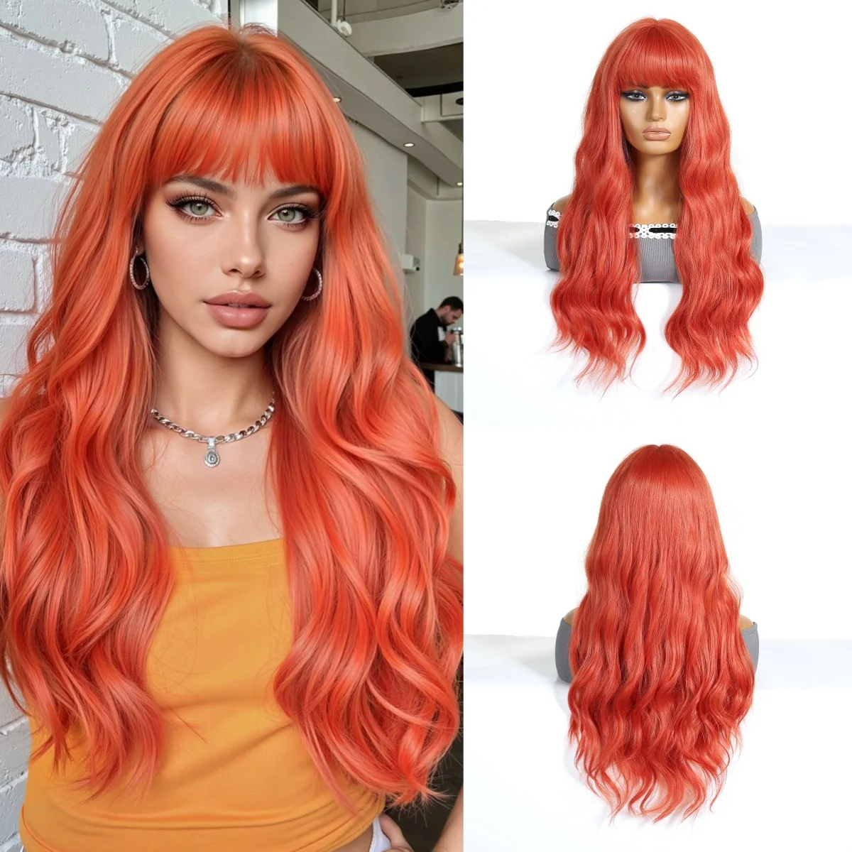 

HENRY MARGU Orange Synthetic Wig for Women Use Long Curly Wave Wigs with Bangs Daily Cosplay Party Heat Resistant fiber