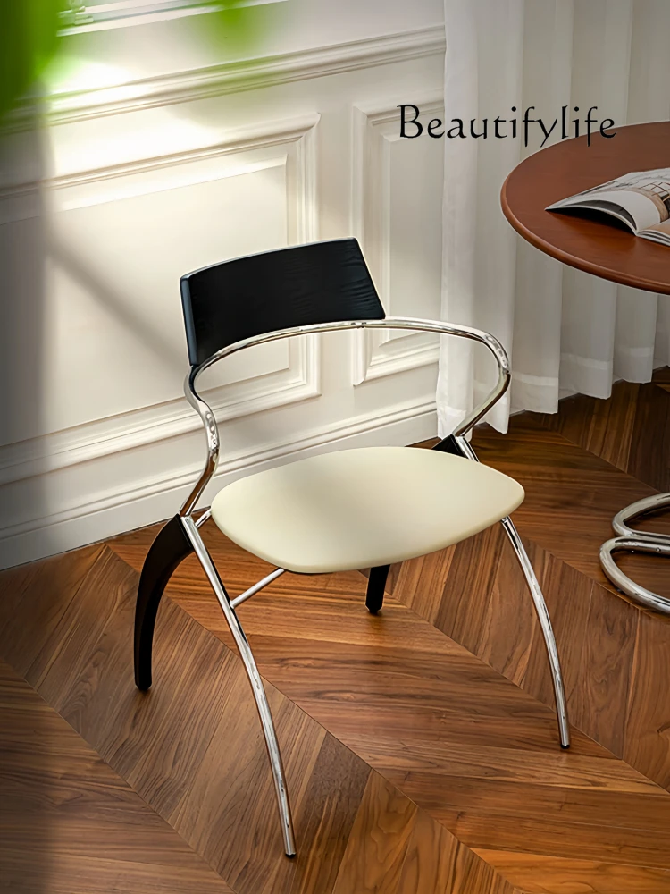 Medieval backrest armrest solid wood dining chair small apartment bedroom balcony office stainless steel comb makeup stool