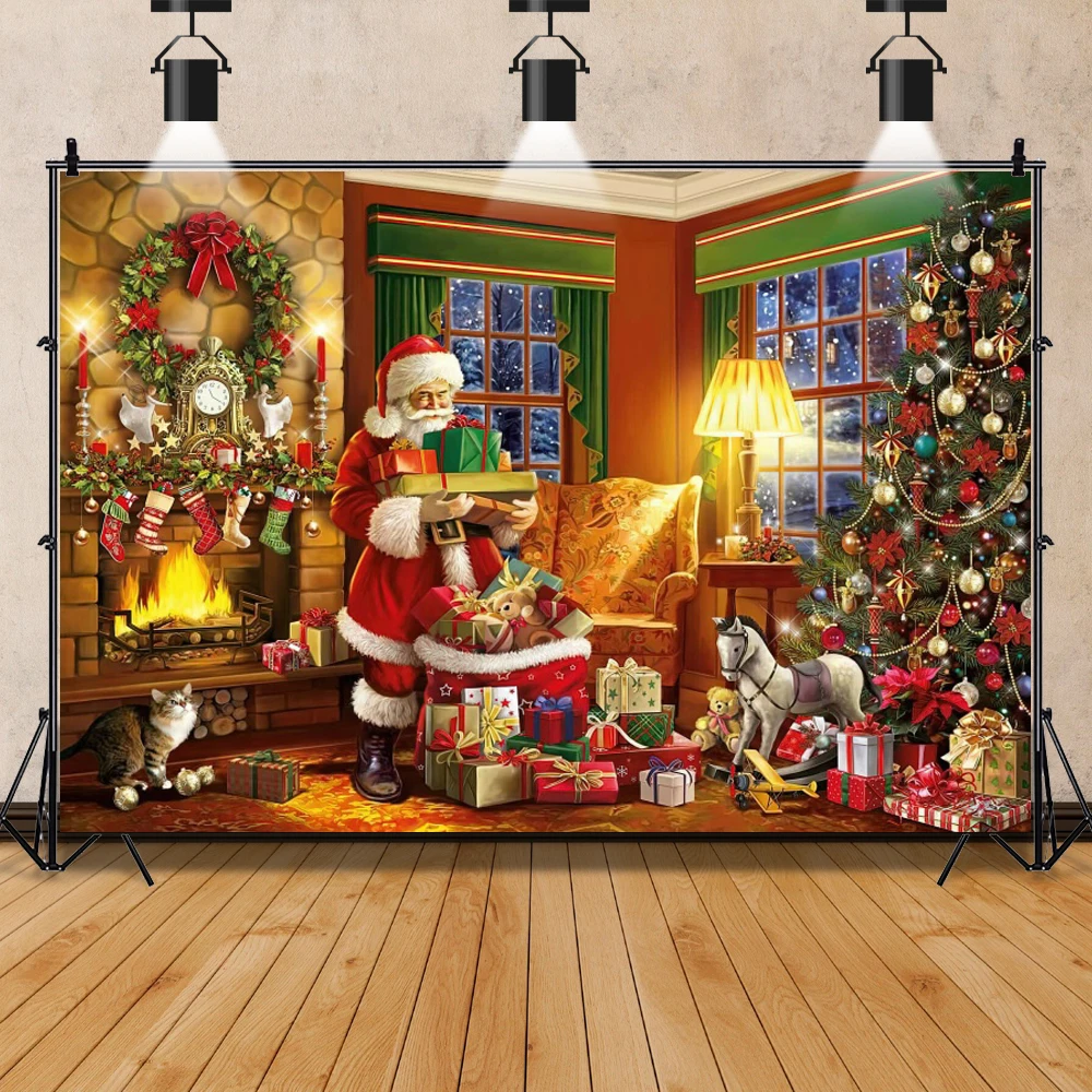 Christmas Backdrop Xmas Tree Santa Claus Gift Window Fireplace Baby Family Portrait Photography Backgrounds for Photo Studio