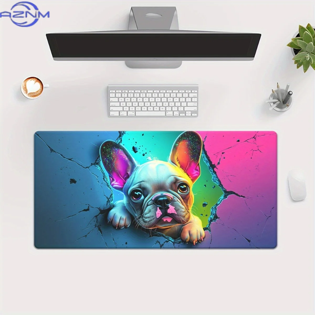 1pc French bulldog breaking through wall Pattern HD Printed Pad for Desk, Multi Functional XXL Mousepad, Keyboard Gaming Mouse M