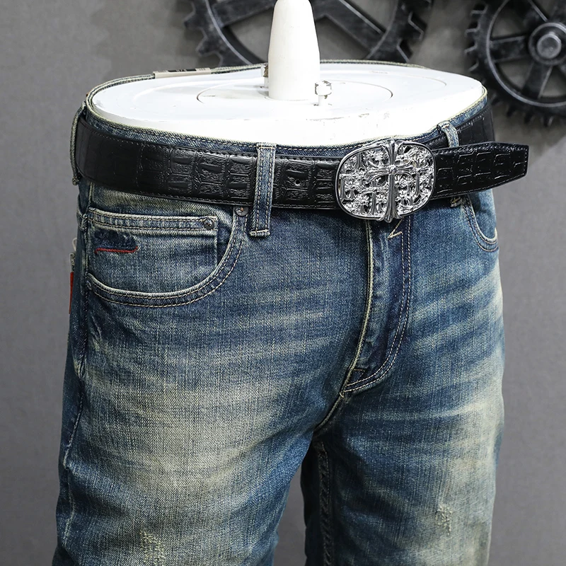 European Vintage Fashion Men Jeans High Quality Retro Blue Slim Fit Ripped Jeans Men Elastic Casual Designer Denim Pants Hombre