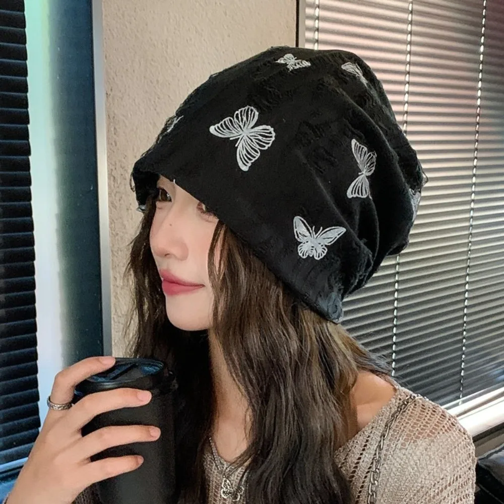 

Harajuku Holes Butterfly Print Beanies Thickened Korean Style Fleece Beanies Warm Hip Hop Plush Pullover Hat Autumn