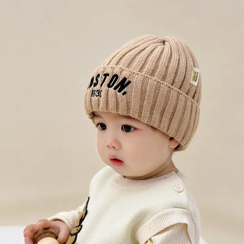 Children Baby Knit Hooded Simple Style with Letters Kids Toddler Baby Unisex Print Plush Autumn Winter Hat Kids Accessories