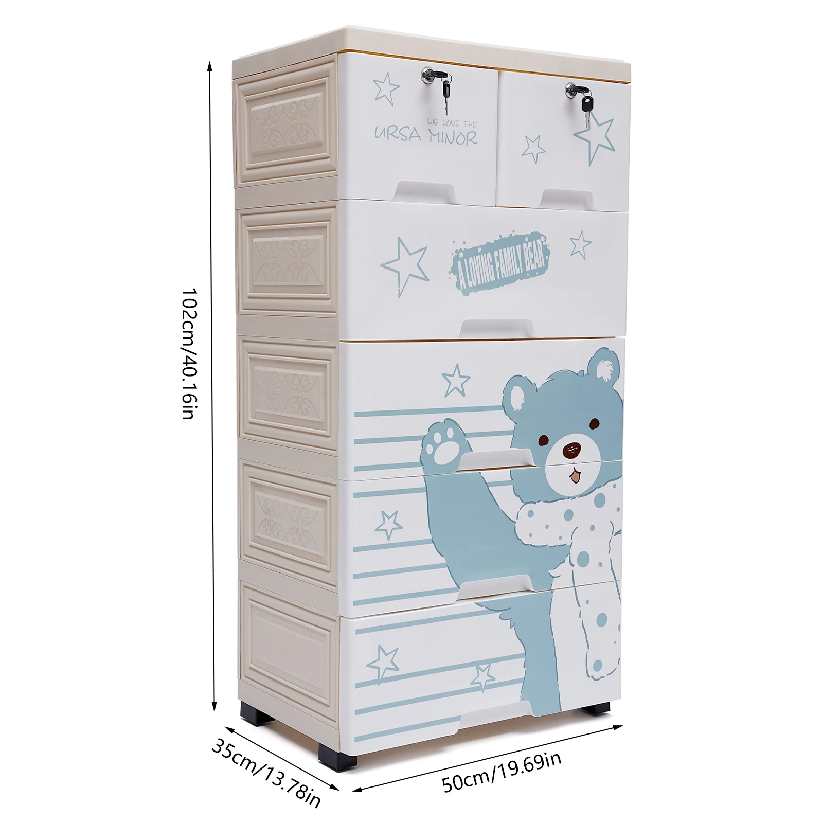 Dresser Drawer Organizers Tall Lockable Plastic Storage Cabinet with 6 Drawers and Wheel for Clothing Bedroom Polar Bear Blue