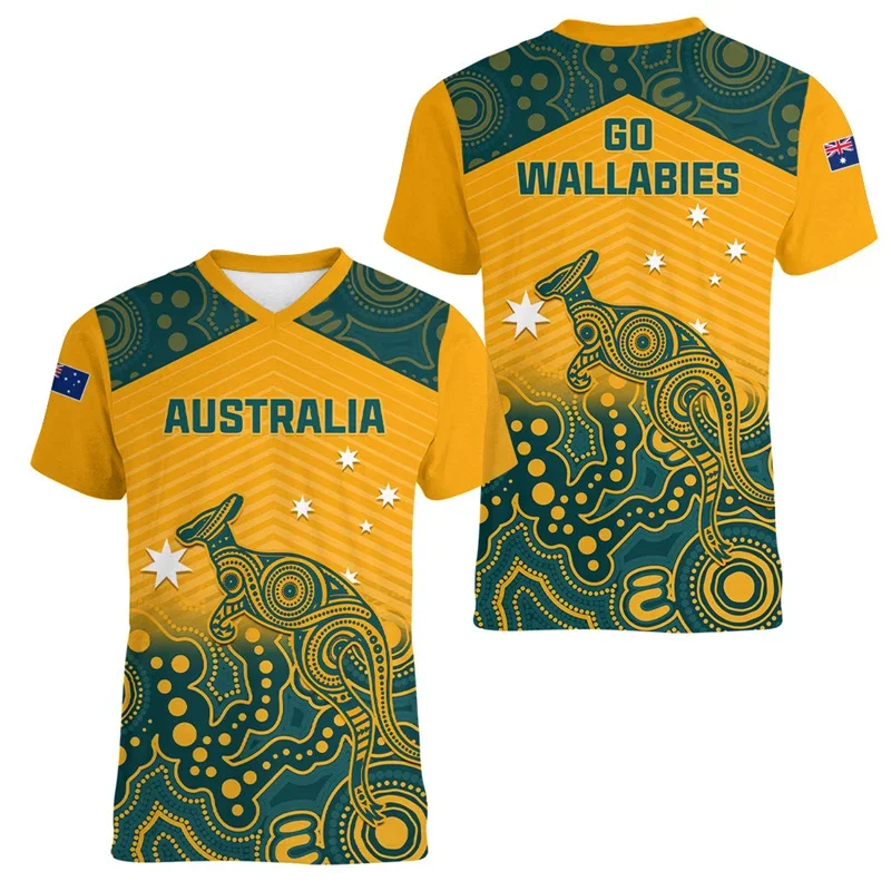 Unisex 2026 Australia Kangaroo Animal 3D HD All Over Print Tee Tennis Football Summer Sports Athletic Lapel Short Sleeve Top