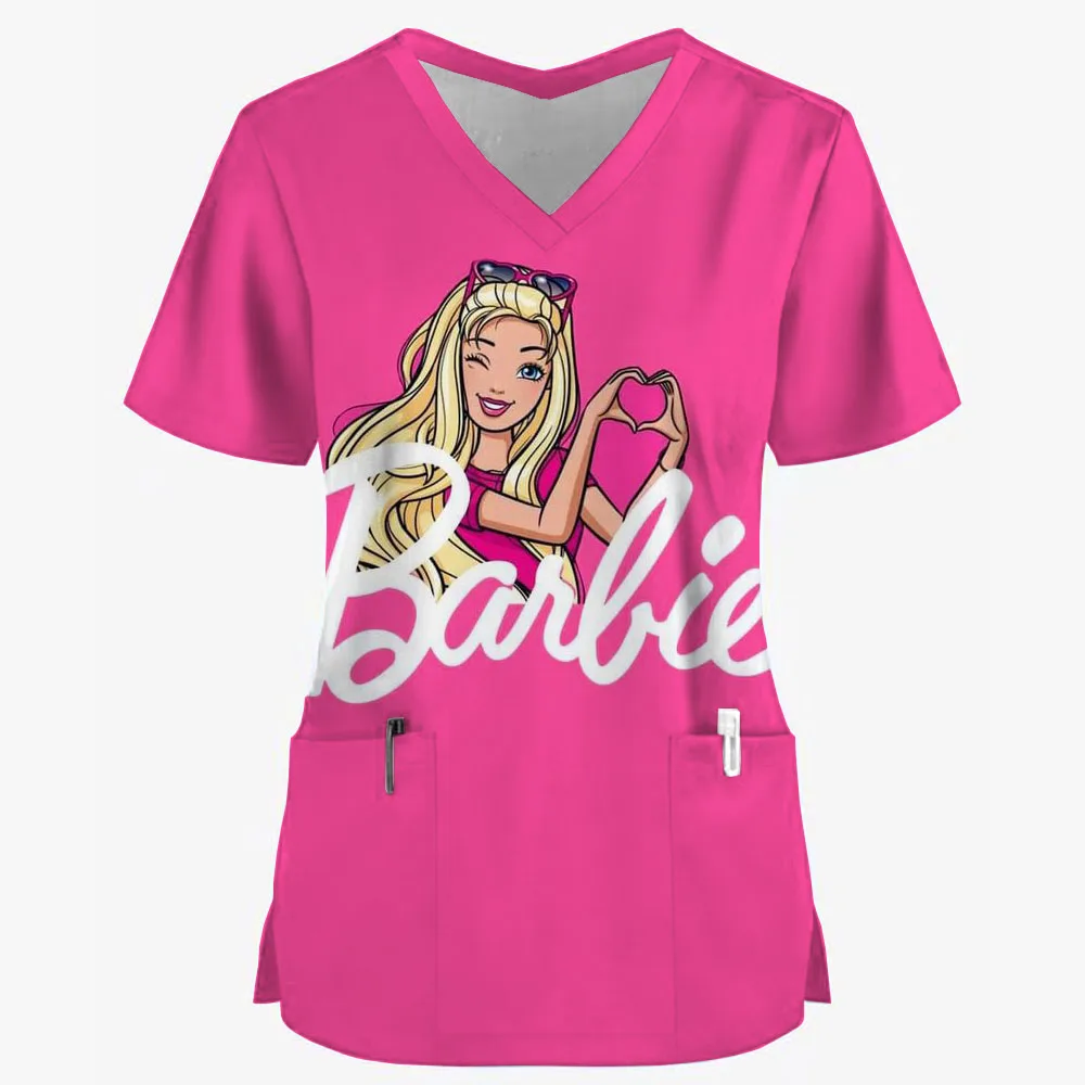 Barbie Princess print V-Neck Stretchy Medical Uniform for Women Casual Short Sleeve Patched Pockets Tops Scrubs Medical Uniforms