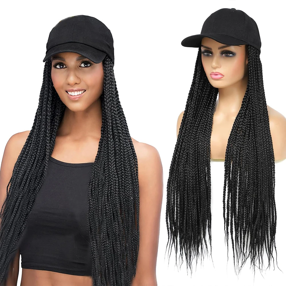 วิกผมทรงหมวกเบสบอล 24 นิ้ว แบบถักเปียกล่อง พร้อมหมวก ต่อผมสีออมเบร ผมสังเคราะห์ วิกผมทรงหมวกพร้อมผมถักเปียยาว