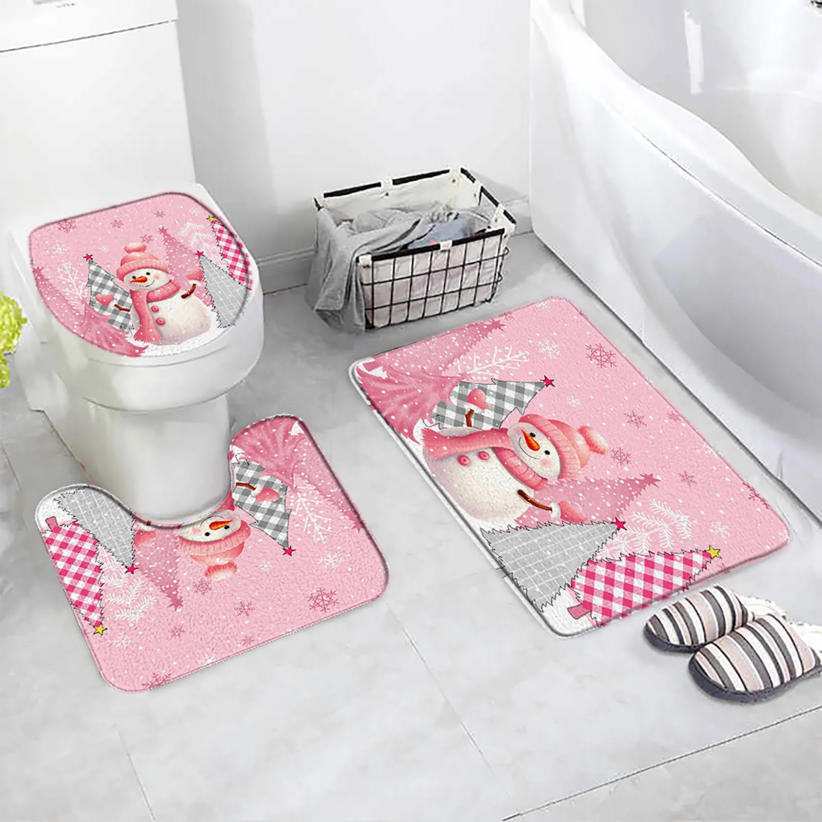 Cute Snowman Christmas Bath Mat Set Pink Xmas Trees Snowflake Winter New Year Flannel Home Bathroom Decor Floor Rug Toilet Cover