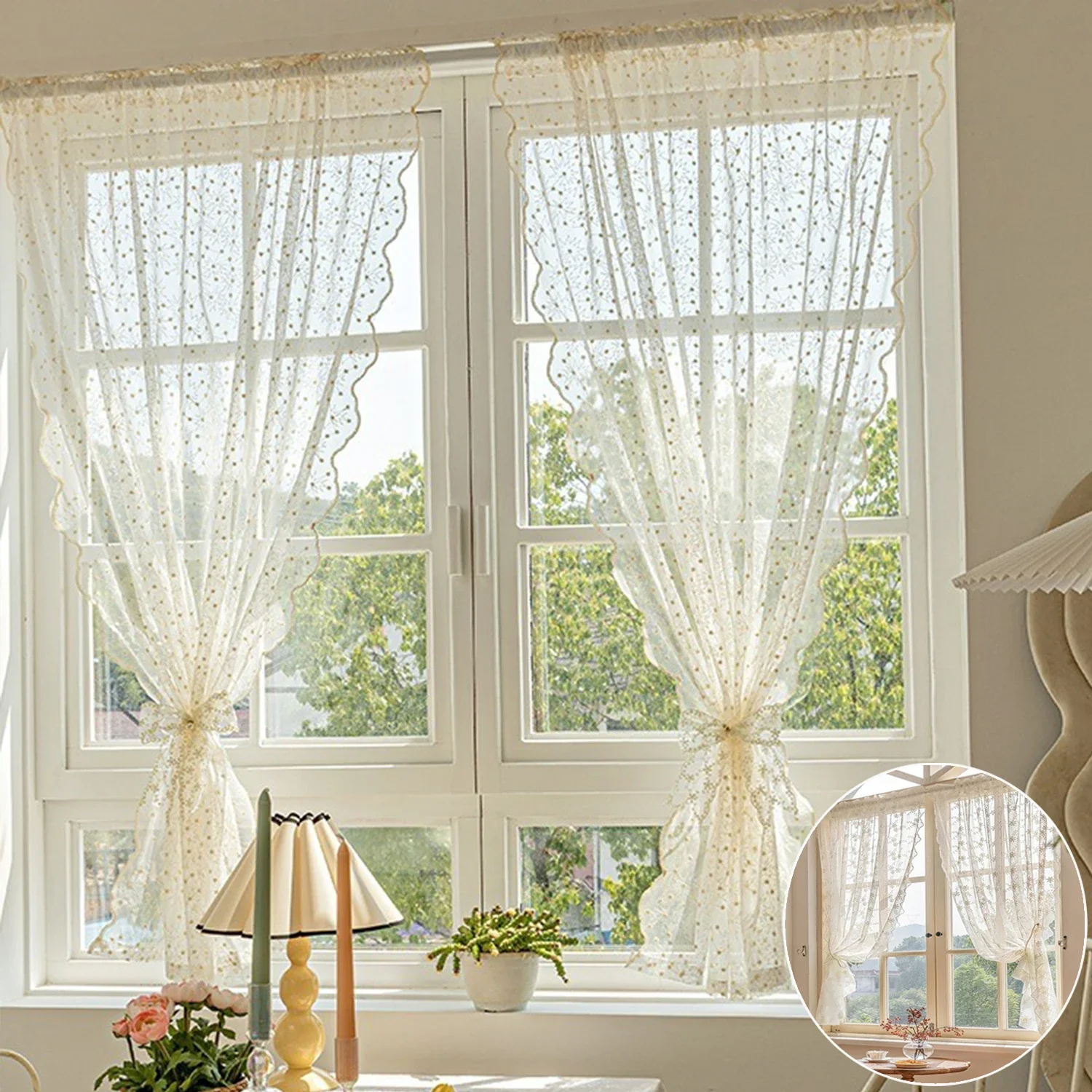 

1 Piece French Style Floral Embroidery Vintage Lace Kitchen Curtain - Privacy & Light Filtering, Machine Washable 레이스 주방 커튼