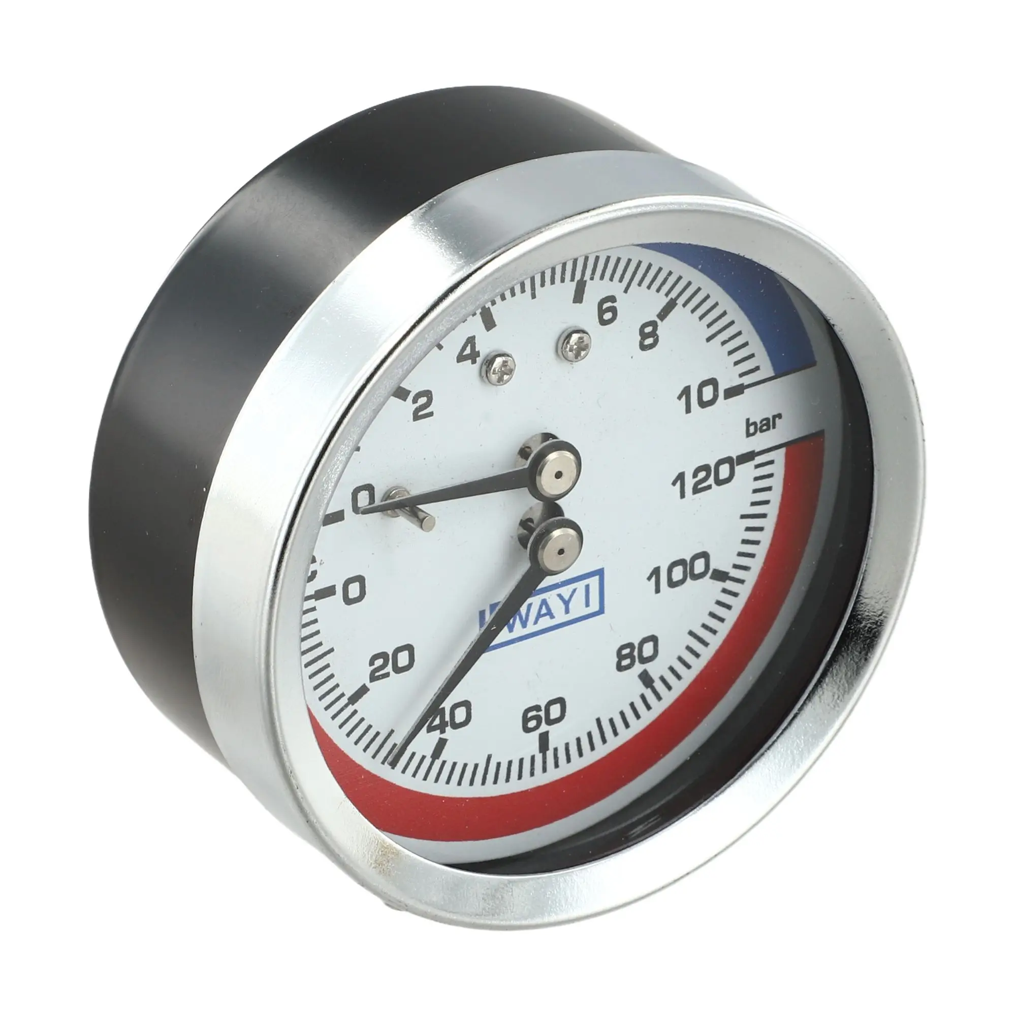 Temperature Pressure Gauge for Closed Loop For Floor Heating Installations Featuring Metal and Plastic Construction
