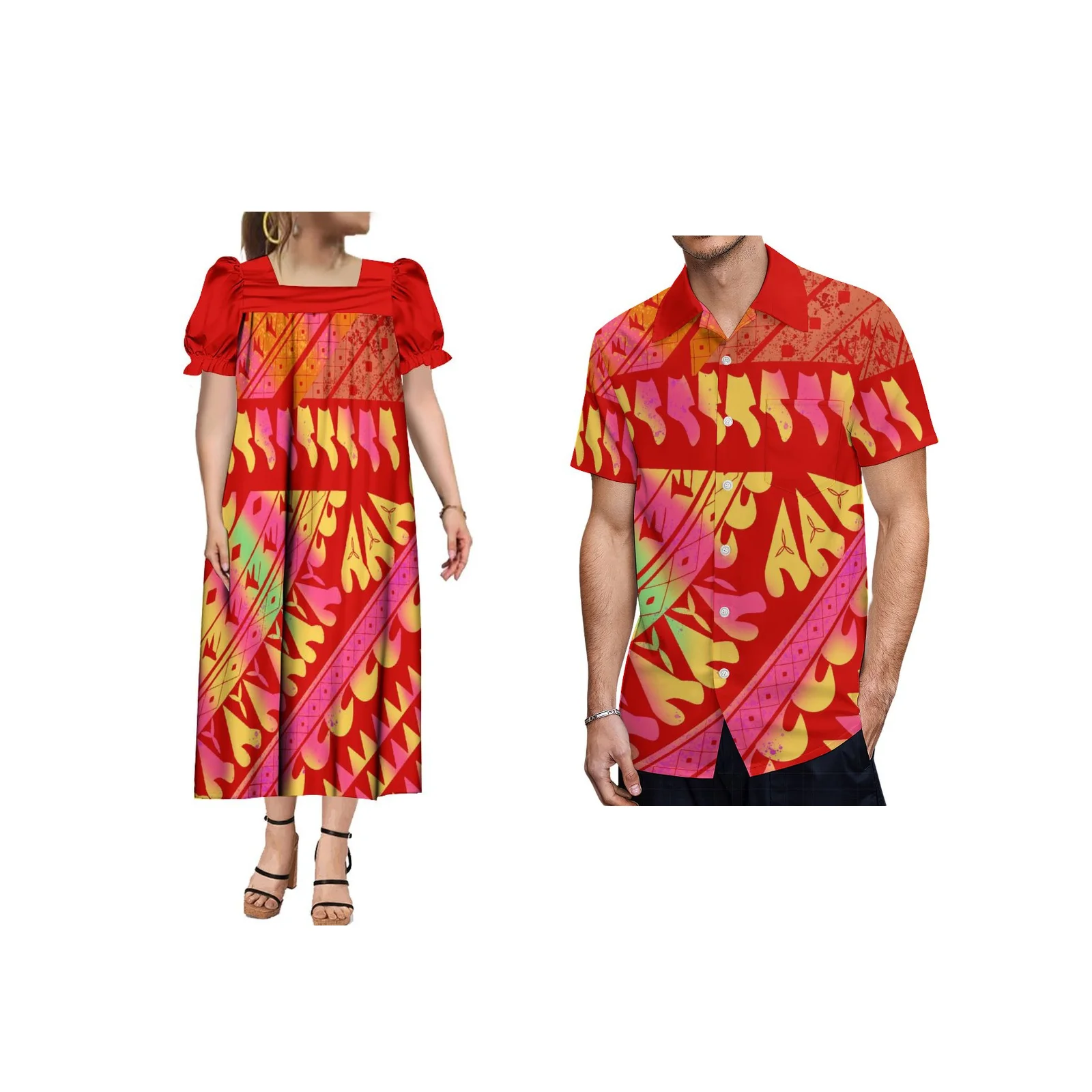 Disfraz de pareja polinesiana personalizado gratis para mujer, vestido estampado suelto de manga de burbuja elegante, camisa Tribal de MUMU samoana para hombre