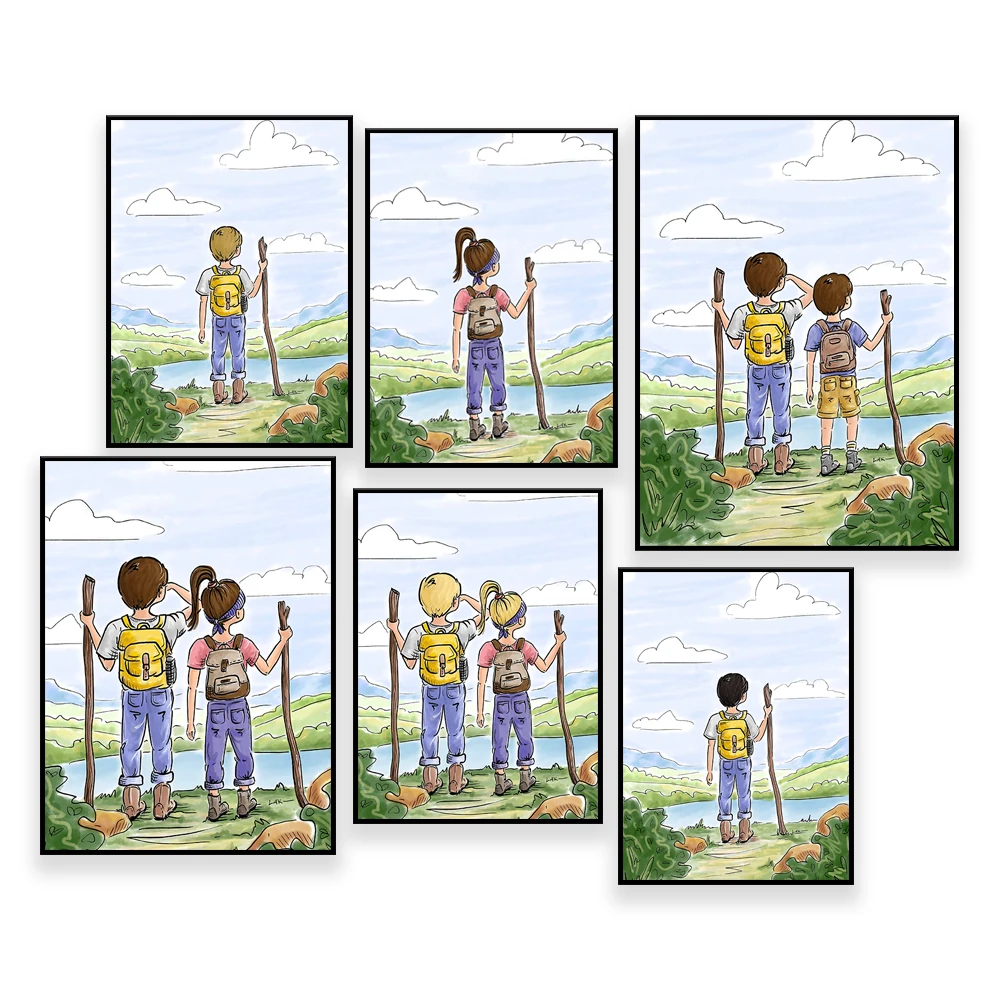 Boy and Girl Hiking - Brothers Hiking Print  -  Outside in Nature Drawing - Gift for Hiker - Mountain Climbing Art