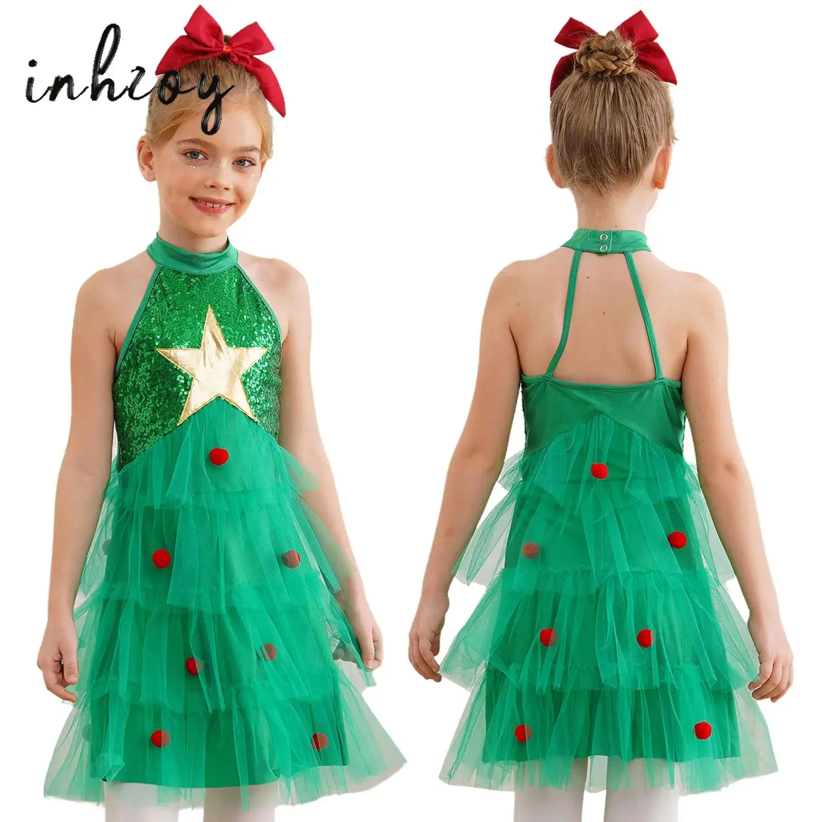 

Girls Christmas Dress Sleeveless Lace Layered Tulle Sundress Sequins Elf Fancy Dress Ballet Tutu Dance Performance Costume