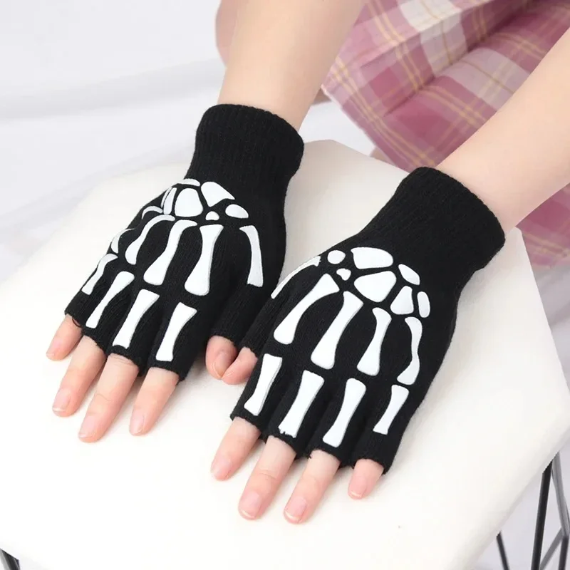 Unisex Adult Halloween Skeleton Skull Half Finger Gloves Glow in the Dark Fingerless Stretch Knitted Winter Mittens