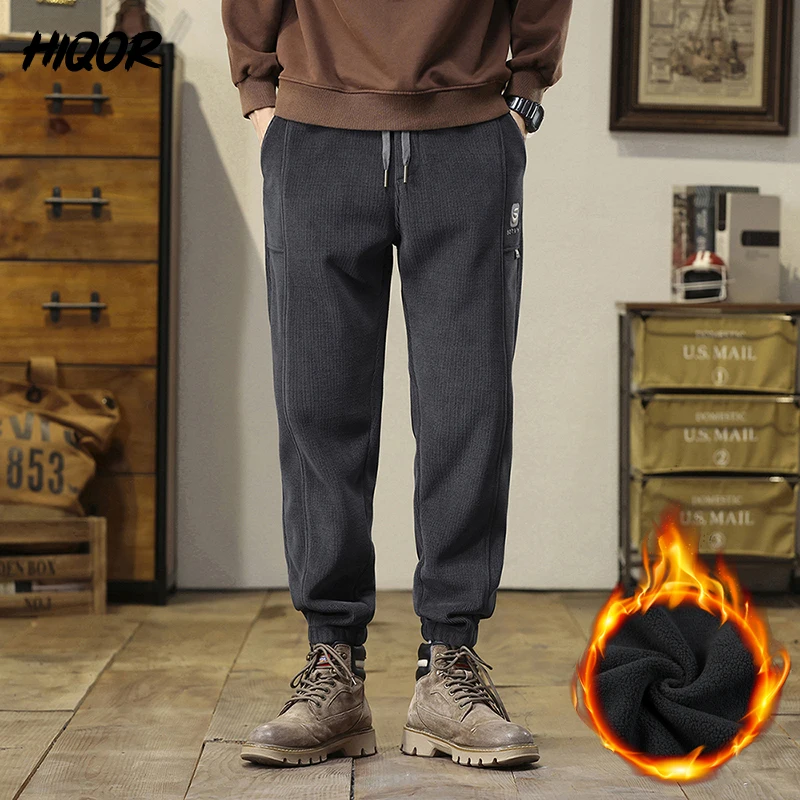 HIQOR-Calça de lã masculina, calça harém casual, calça esportiva hip-hop, streetwear grosso quente, corredores masculinos, inverno