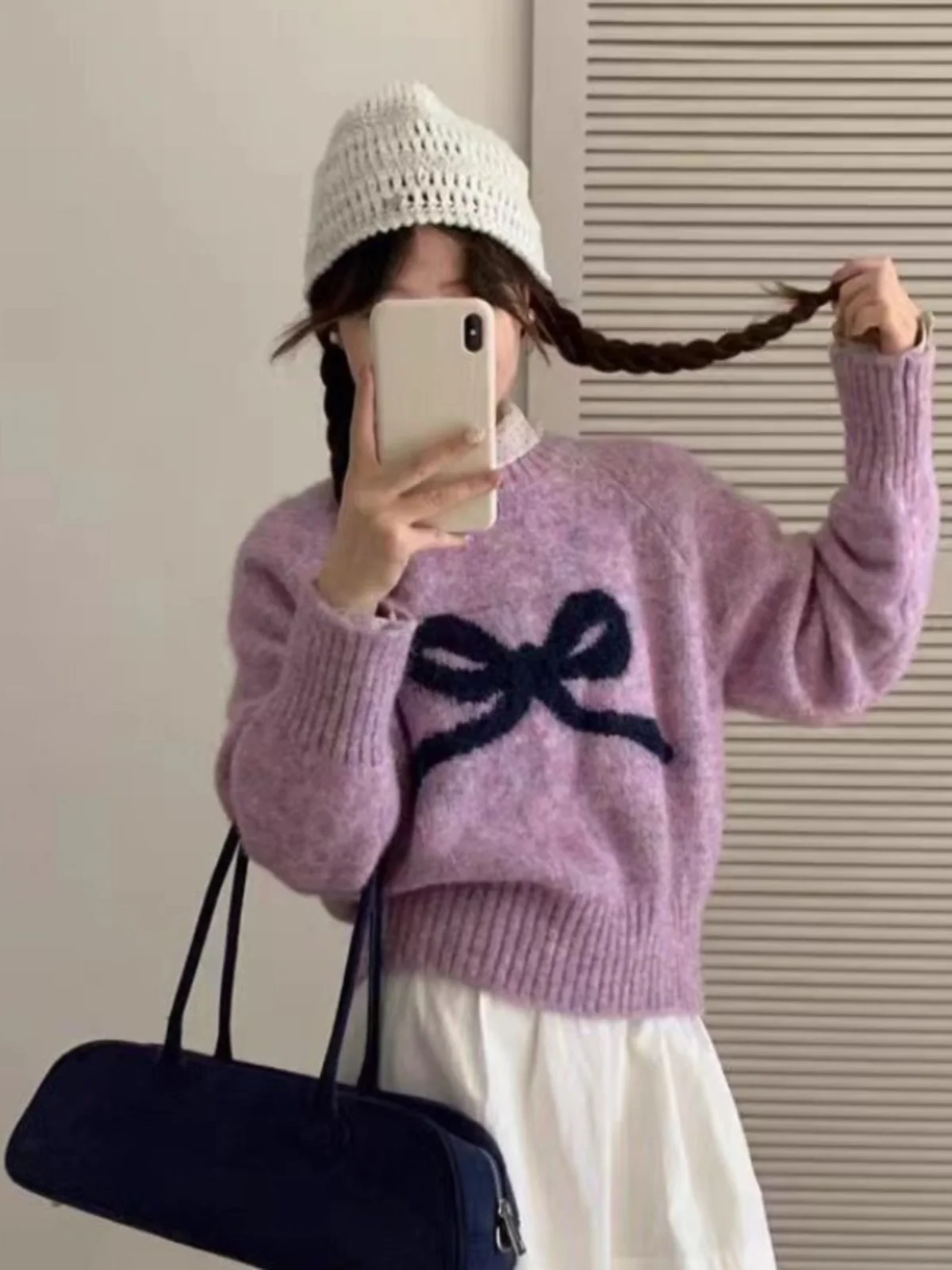 سترة محبوكة حلوة للربيع والخريف للنساء بأكمام طويلة وعقدة فراشة متعددة الاستخدامات فضفاضة بطول عادي بلون موحد #3