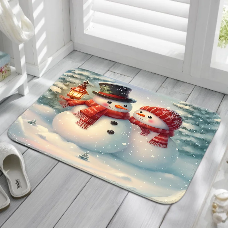 VIKAMA Christmas Snowman Snowflake Print Floor Mat, Anti Slip And Absorbent Carpet, Cute Indoor Entrance Home Decoration
