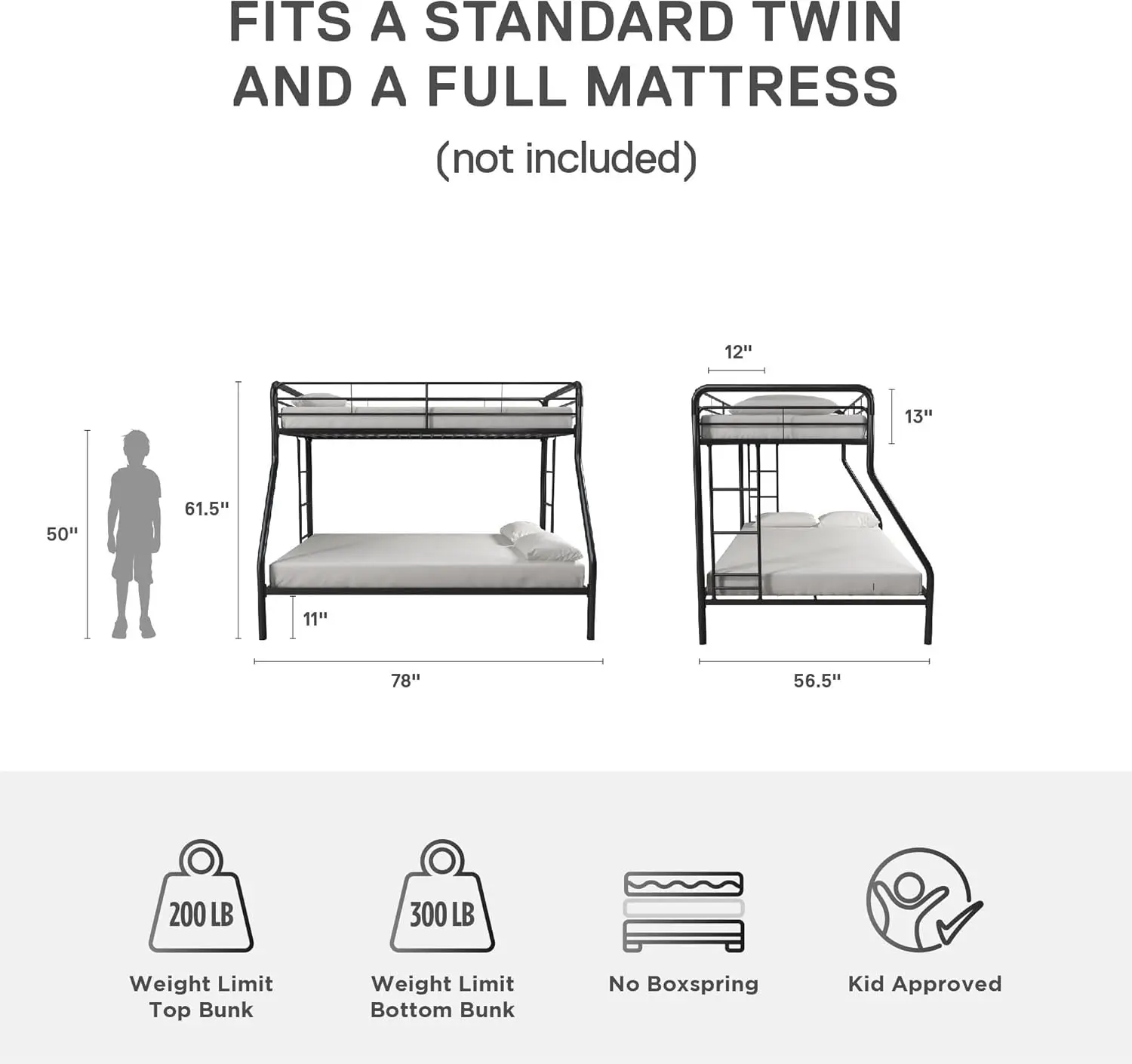 Metal Bunk Bed Frame for Kids Teens and Adults, With Angled Ladder High Full Length Guardrail Smooth Rounded Edges