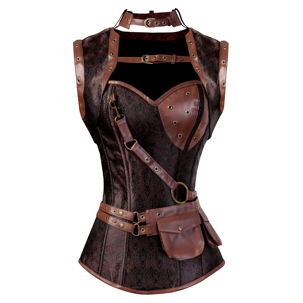 Corsé gótico Steampunk para mujer, corpiño con cremallera, talla grande, Vintage, de piel sintética, Top marrón