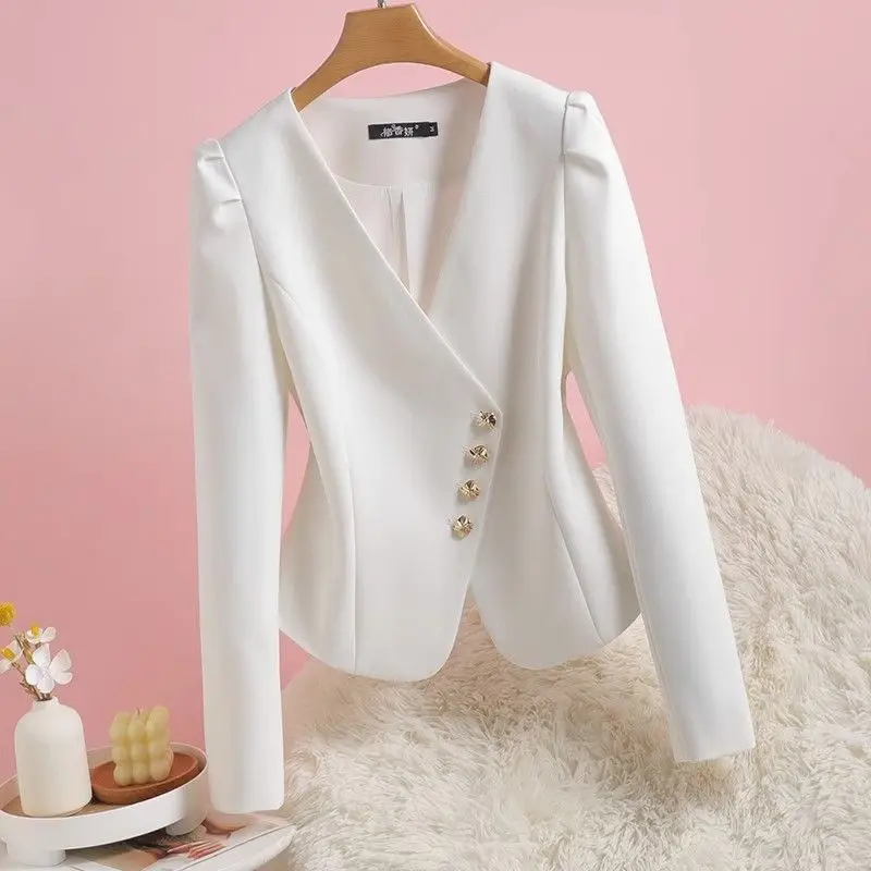 

Fashion V-Neck Button Solid Color Puff Sleeve Blazer Women's Clothing Spring New Slim Office Lady Tops Chic Blazers