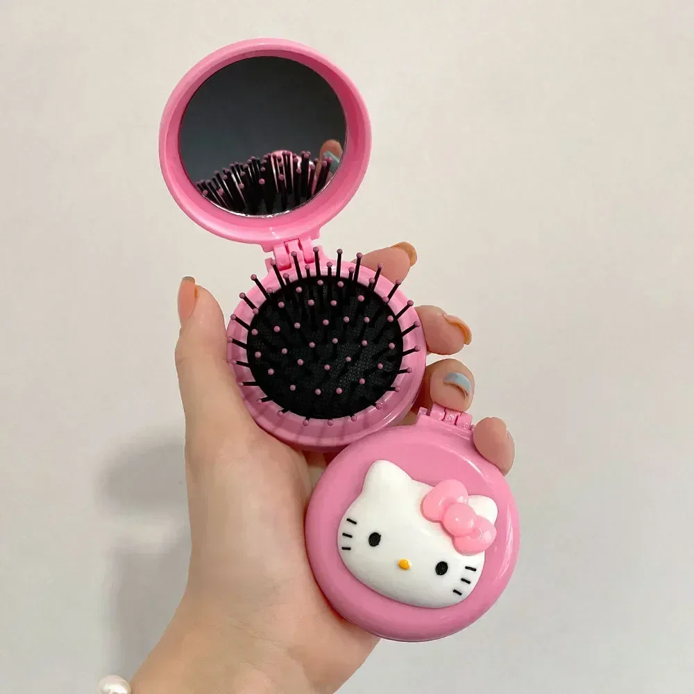 Sanrio Hello Kitty Anime Portable Makeup Mirror Folding Air Bag Comb Mirror Pocket Travel Hair Mirror Head Massager Relax glass