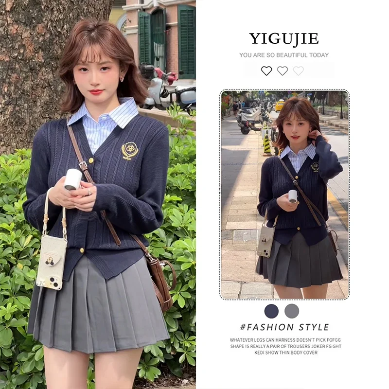 

Korean Style Winter Outfit College Style Design Top And Skirt Set Short Pleated Skirt Two Piece Set Long Sleeve Sweater