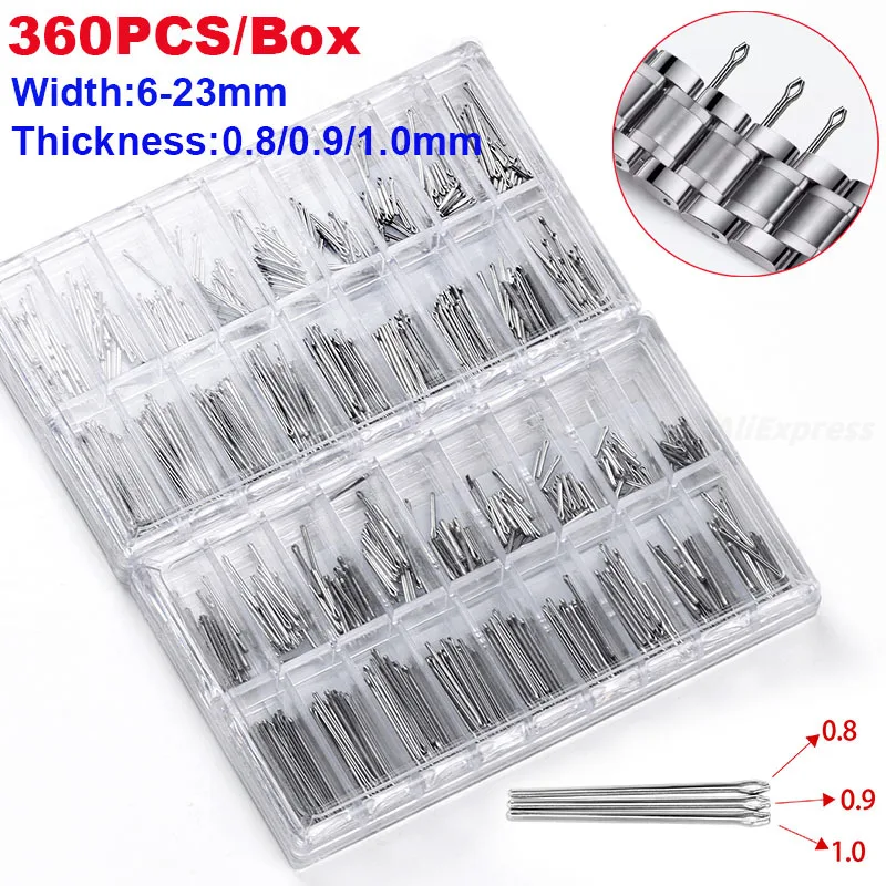 360 stücke Uhren armband Split Pins Edelstahl armband Connect Bar Uhrmacher Reparatur werkzeug 6-23mm Link Pins 0.8/0.9/1,0mm Dicke