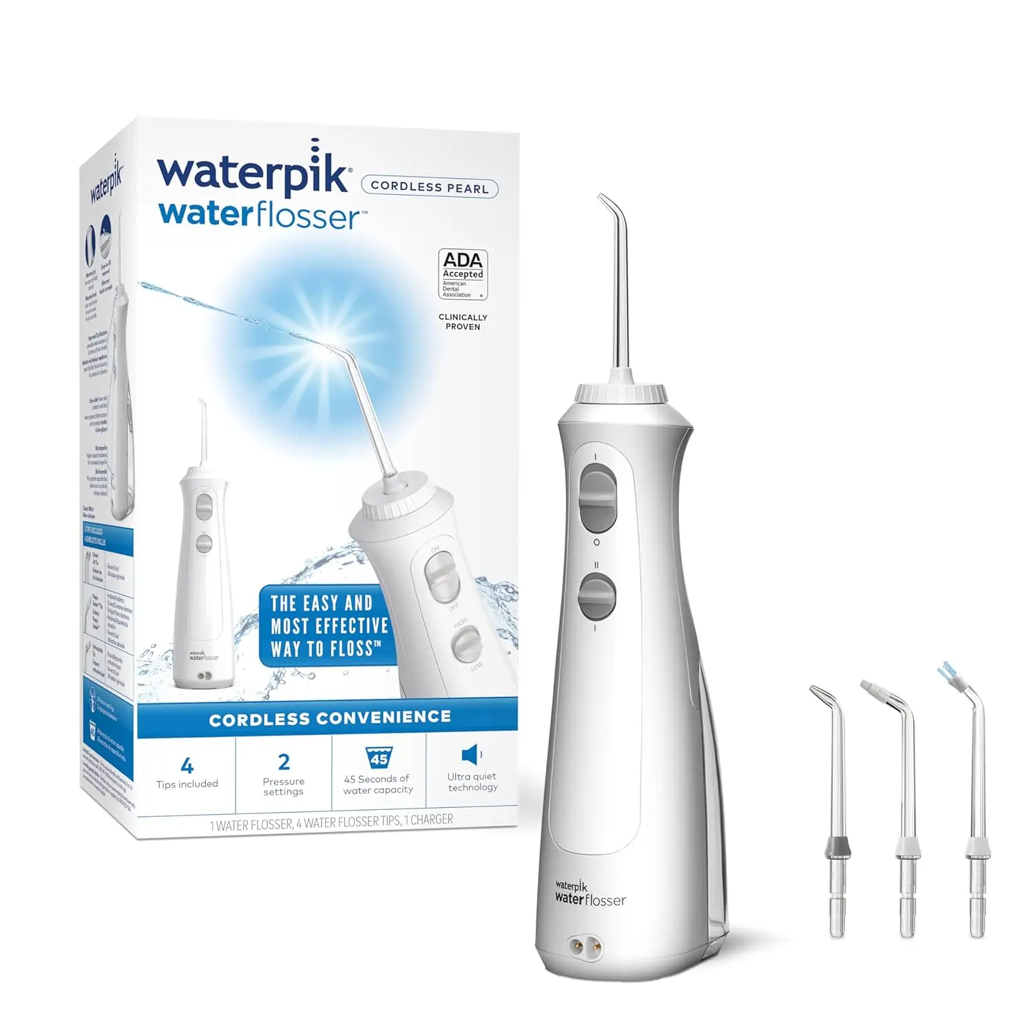 Cordless Pearl Rechargeable Portable Water Flosser for Teeth, Gums, Braces Care and Travel with 4 Flossing Tips, ADA Ac