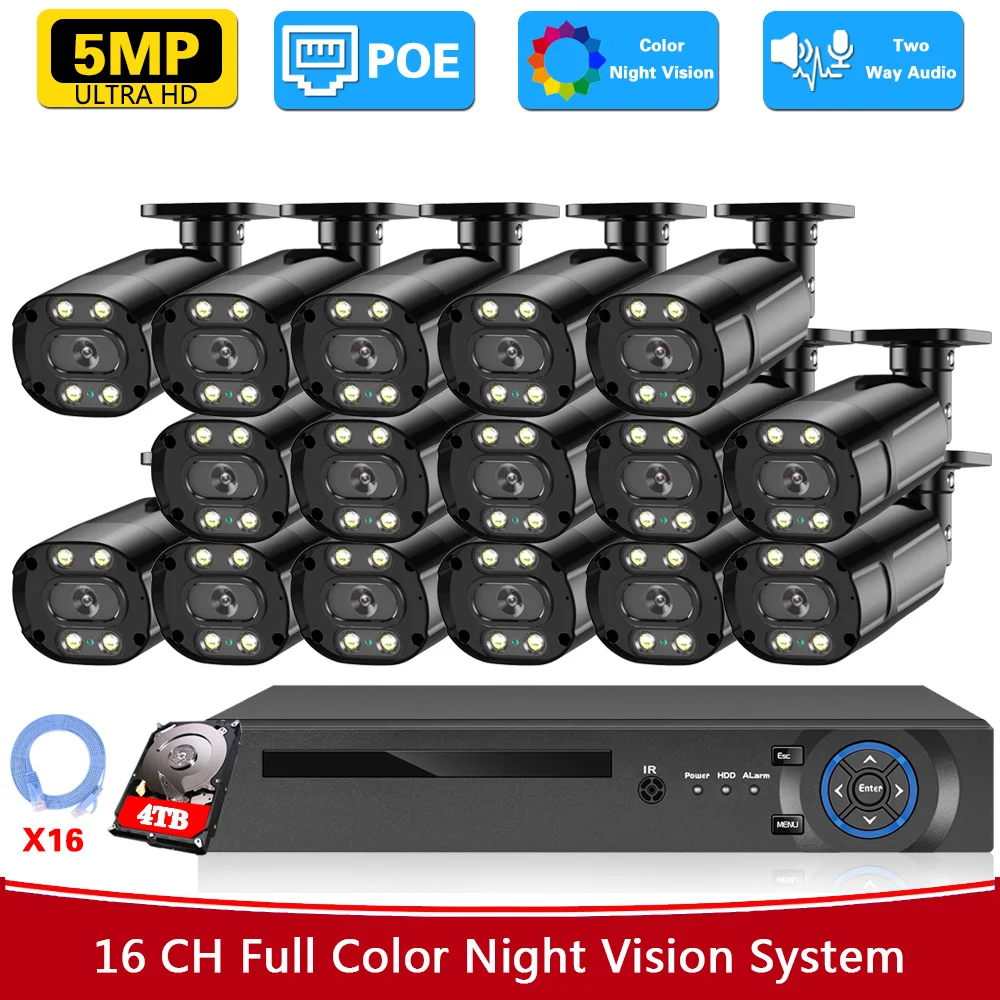 

16CH 4K POE NVR Security System 5MP Two Way Audio IP Camera Set Outdoor Street CCTV Bullet Camera Video Surveillance System Kit