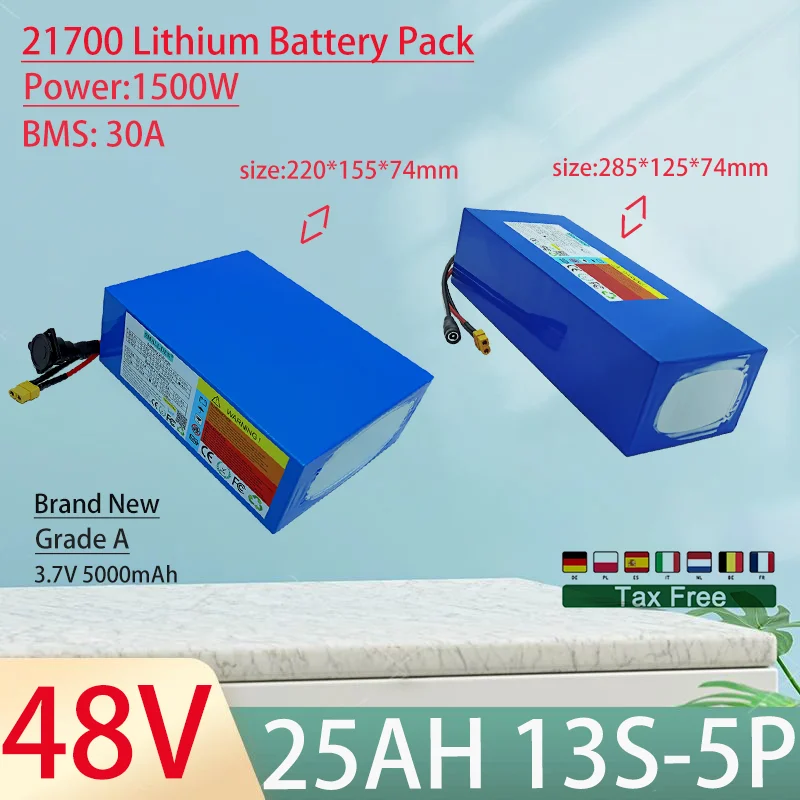 48V 25Ah 21700 13S5P Lithium Ion Battery Pack 1500W Power Tool Batteries Outdoor Backup Batteries With 30A BMS+54.6V 5A charger