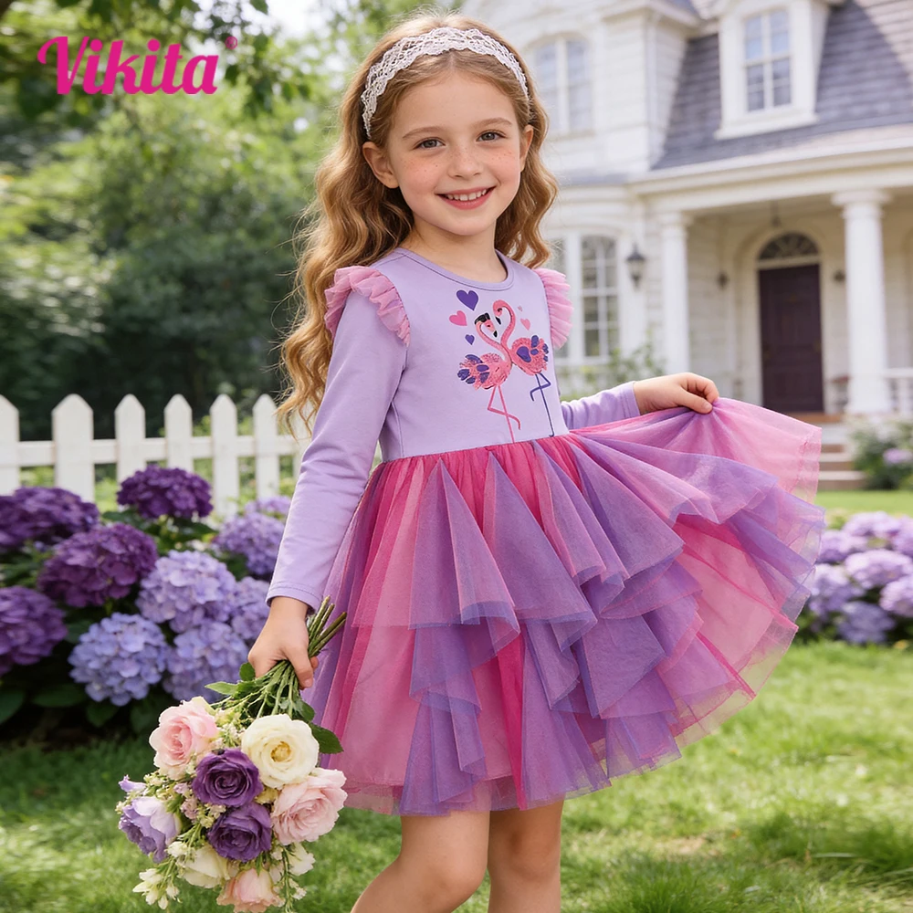 VIKITA Mädchen-Tüllkleid mit rosa Flamingo-Print, Flatterärmel, Herbst, Frühling, Ombre, Party, Prinzessin, elegantes Tutu-Kleid mit Farbverlauf