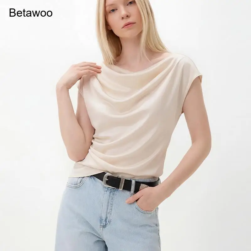 Sleeveless Cowl Neck Blouse for Women Beige Draped Satin Elegant Top for Office and Daily
