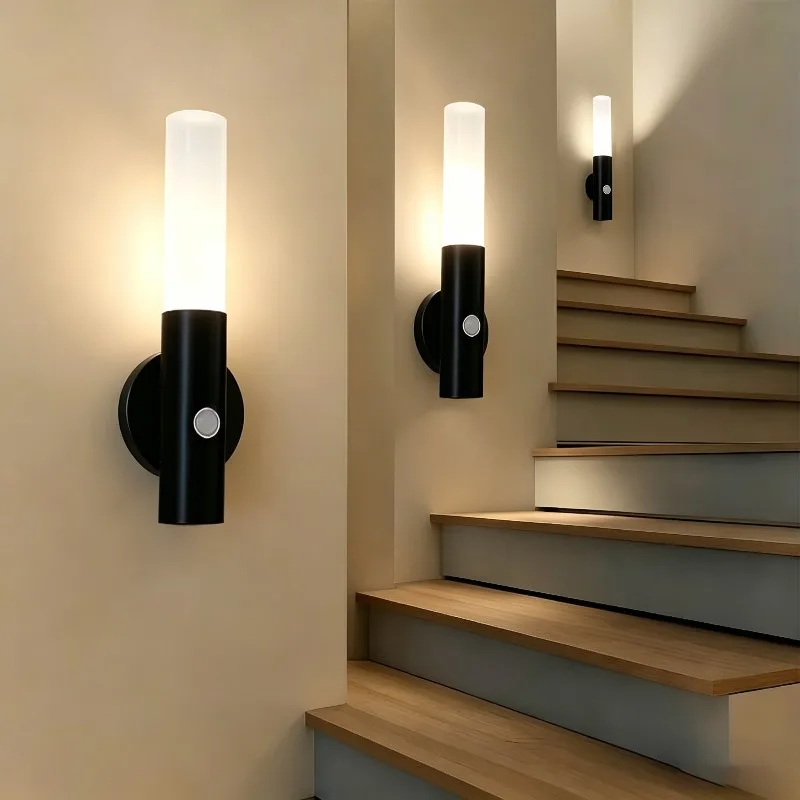 Indoor Wooden Wall Lamp Wardrobe Light Corridor Stairs Motion Sensor Night Light USB Rechargeable Magnetic LED Wall Light