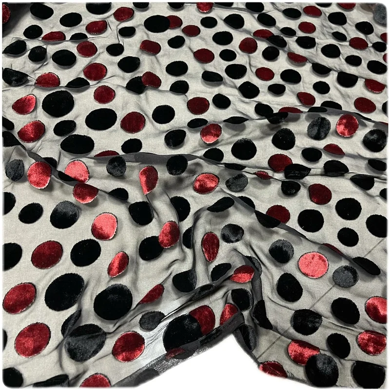 Black and Red Dots Hollowed Out Silk Velvet Fabric Dress Cheongsam Shirt Clothing Fabric