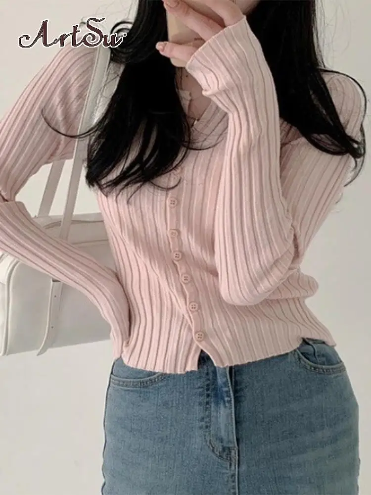 Artsu Knitwears Crop Top Solid Cardigan Kawaii Pink Full Sleeve Skinny T Shirt Korean Fashion Casual Button Up Tops ASTS86358