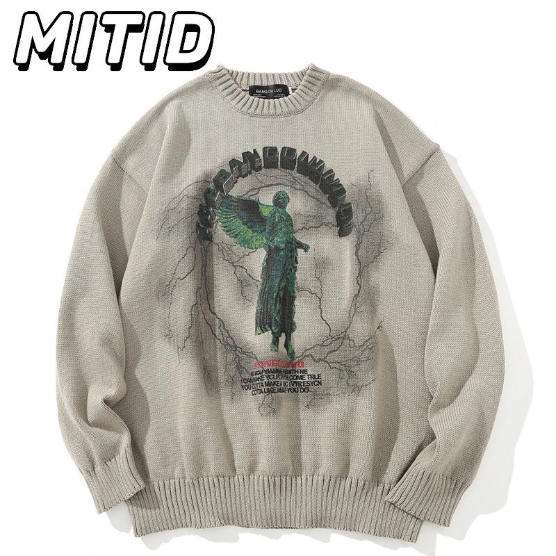 

Angel Statue Lightning Printed Knitted Sweater Men High Street Casual Loose Round Neck Pullover Sweaters Hip Hop Streetwear