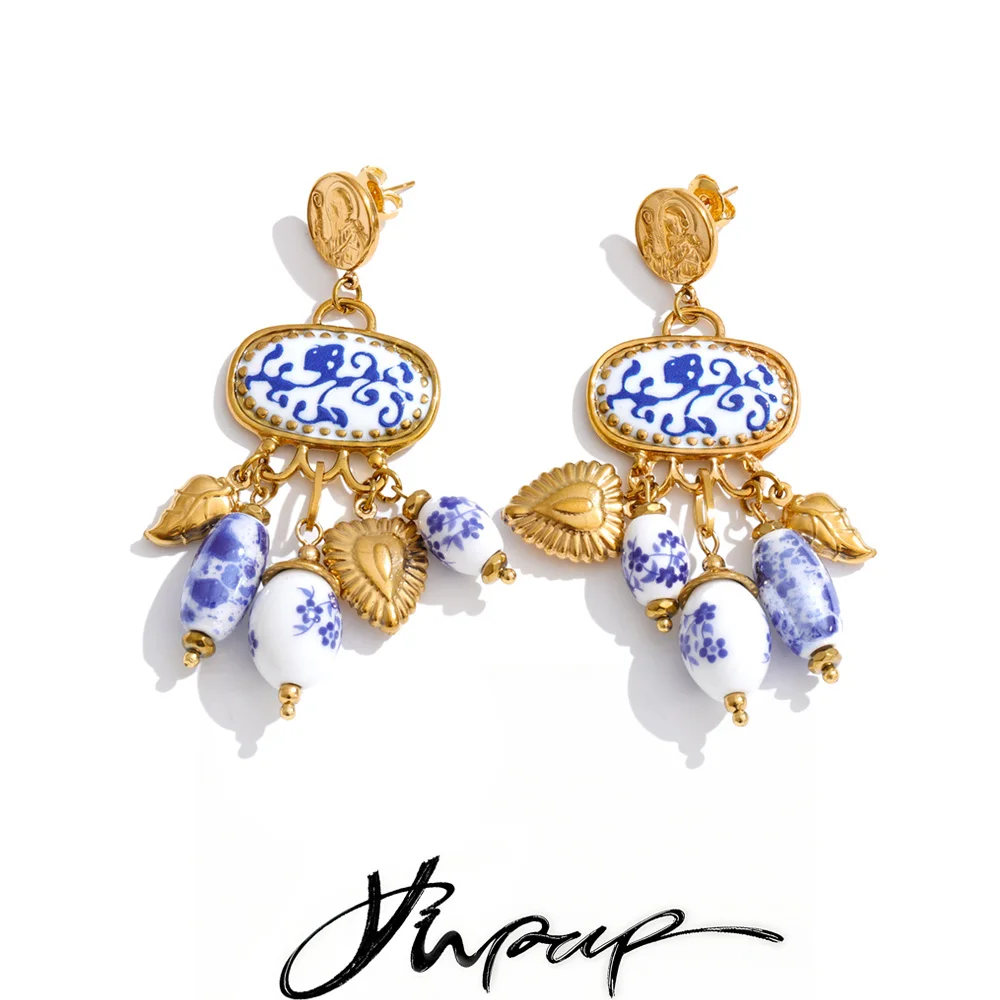 Nouveautés Yhpup : Boucles d'oreilles pendantes vintage en acier inoxydable et céramique bleue, motif floral, faites à la main, couleur or, bijoux européens tendance