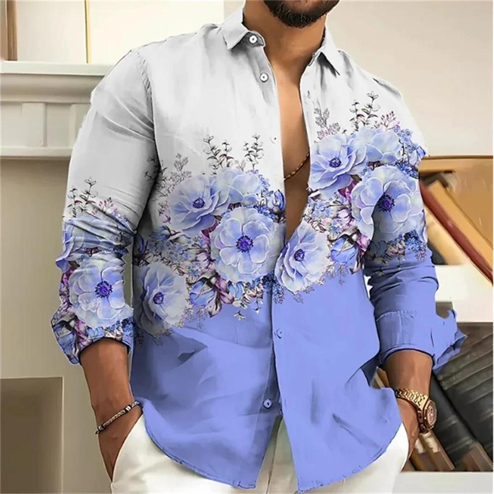 Fashion 2024 Men\'s Shirt Floral Pattern 3D Printing Pink Blue Purple Grey Outdoor Streetwear Long Sleeves Designer Casual 6XL