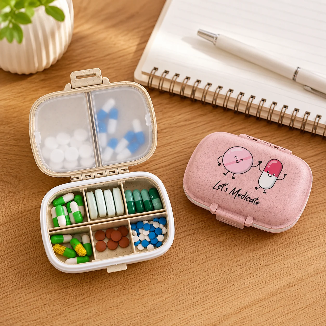 8-Compartment Portable Pill Organizer, Cute Wheat Straw Medicine Box for Women, Seniors, Travel & Daily Vitamins
